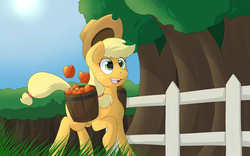 Size: 3840x2400 | Tagged: safe, artist:thebatfang, applejack, g4, apple, female, solo, working