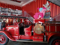 Size: 4896x3672 | Tagged: safe, artist:emedina13, pinkie pie, human, g4, fire engine, firehouse, irl, photo, pictures, ponies in real life, stairs, truck