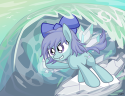 Size: 1020x784 | Tagged: safe, artist:cazra, pony, bow, cirno, female, filly, hair bow, ponified, solo, surfing, touhou