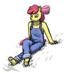 Size: 450x465 | Tagged: safe, artist:ethanqix, apple bloom, earth pony, anthro, unguligrade anthro, g4, female, hoof feet, hooves, overalls, solo