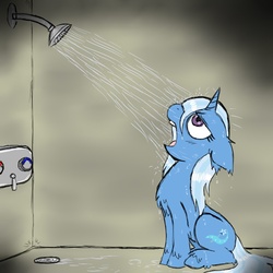 Size: 850x850 | Tagged: safe, artist:ichibangravity, trixie, pony, unicorn, g4, chest fluff, drinking, female, floppy ears, fluffy, looking up, mare, open mouth, shower, sitting, solo, unshorn fetlocks, water, wet, wet mane, wharrgarbl