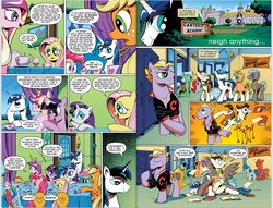 Size: 1230x938 | Tagged: safe, idw, official comic, 8-bit (g4), applejack, buck withers, fluttershy, gaffer, gizmo, pinkie pie, princess cadance, rainbow dash, rarity, shining armor, twilight sparkle, alicorn, earth pony, pegasus, pony, unicorn, g4, neigh anything, spoiler:comic, spoiler:comic11, 8-bit, canterlot academy, comic, female, food, grease (musical), idw advertisement, laughing, male, mane six, mare, preview, pun, stallion, tea, teapot, tripping