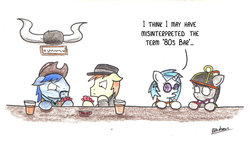 Size: 1024x579 | Tagged: safe, artist:bobthedalek, dj pon-3, octavia melody, vinyl scratch, oc, earth pony, pony, unicorn, g4, 80s, bar, card, female, glowstick, male, wild west