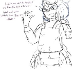 Size: 2000x2000 | Tagged: safe, artist:ccampbell1414, king sombra, unicorn, anthro, g4, armor, clothes, dialogue, gloves, looking at you, male, monochrome, naruto, open mouth, parody, sharingan, solo, traditional art, uchiha madara
