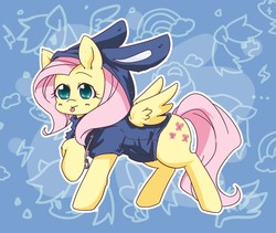 Size: 907x767 | Tagged: safe, artist:yukandasama, fluttershy, pegasus, pony, g4, bunny ears, clothes, dangerous mission outfit, female, hoodie, mare, pixiv, solo, tongue out