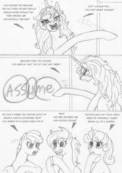 Size: 844x1200 | Tagged: safe, artist:leovictor, apple bloom, scootaloo, sweetie belle, oc, oc:nyx, alicorn, earth pony, pegasus, pony, unicorn, g4, clapping, comic, cutie mark crusaders, drunk, glare, grin, horn, monochrome, older, open mouth, pointing, smiling, thinking, wings