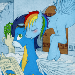 Size: 937x936 | Tagged: safe, artist:tinuleaf, rainbow dash, soarin', g4, blushing, eyes closed, female, male, newspaper, ship:soarindash, shipping, straight