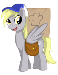 Size: 756x972 | Tagged: safe, artist:kloudmutt, derpy hooves, pegasus, pony, g4, cap, female, hat, mailbag, mare, muffin, solo