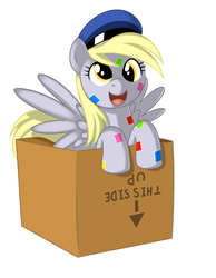 Size: 756x972 | Tagged: safe, artist:kloudmutt, derpy hooves, pegasus, pony, g4, box, female, mailmare, mare, package, solo, stamp