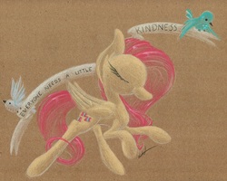 Size: 1024x820 | Tagged: safe, artist:getchanoodlewet, fluttershy, bird, g4, female, motivational, old banner, positive ponies, solo, text, traditional art