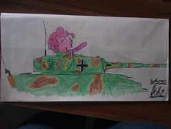 Size: 2592x1952 | Tagged: safe, artist:hakyderbauer, pinkie pie, g4, female, smiling, solo, tank (vehicle), tiger (tank), traditional art