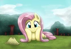Size: 3823x2640 | Tagged: safe, artist:otakuap, fluttershy, oc, oc:fluffy the bringer of darkness, giant moth, moth, pegasus, pony, g4, animal, anthill, ants, cheek squish, cute, female, grass, hooves on cheeks, looking at something, looking down, mare, prone, shyabetes, smiling, solo, squishy cheeks