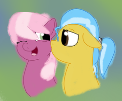 Size: 1024x853 | Tagged: safe, artist:sylver-unicorn, cheerilee, doctor fauna, earth pony, pony, g4, cheek kiss, duo, female, green background, kissing, lesbian, mare, shipping, simple background