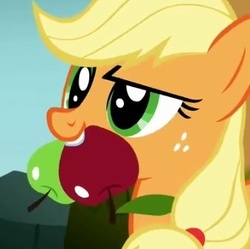 Size: 339x338 | Tagged: safe, screencap, applejack, g4, apple, female, mouth hold, solo