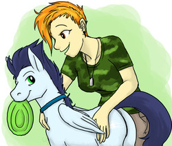 Size: 1068x905 | Tagged: safe, artist:cartoonlion, soarin', spitfire, human, pegasus, pony, g4, breasts, butt, collar, dog tags, female, frisbee, human on pony petting, humanized, implied anus, male, mouth hold, pet play, petting, plot, ship:soarinfire, shipping, simple background, soarass, straight