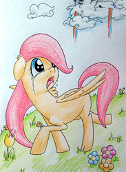 Size: 661x901 | Tagged: safe, artist:ethanolrabbit, fluttershy, g4, cloudsdale, crying, female, filly, solo, traditional art, younger