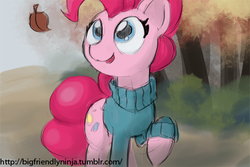 Size: 500x333 | Tagged: safe, artist:the-bigfriendlyninja, pinkie pie, earth pony, pony, g4, 30 minute art challenge, autumn, autumn leaves, clothes, female, leaves, smiling, solo, sweater