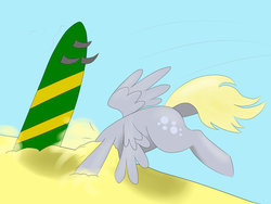 Size: 1032x774 | Tagged: safe, artist:melonhunter, derpy hooves, pegasus, pony, g4, beach, fail, female, mare, ocean, sand, solo, stuck, surfboard, surfing