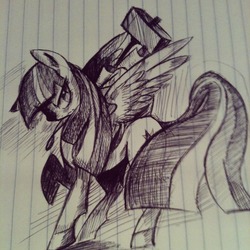 Size: 1280x1280 | Tagged: safe, artist:spanish-scoot, twilight sparkle, alicorn, pony, g4, female, grayscale, hammer, lined paper, mare, monochrome, solo, traditional art, twilight sparkle (alicorn), weapon