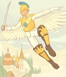 Size: 2300x2700 | Tagged: safe, artist:jakneurotic, human, armor, canterlot, covered eyes, flying, helmet, humanized, male, man, royal guard, saber, solo, sword, weapon, winged humanization, wings