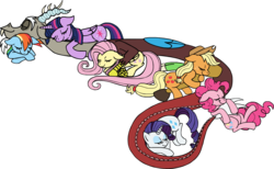 Size: 1075x664 | Tagged: safe, artist:jadeile, applejack, discord, fluttershy, pinkie pie, rainbow dash, rarity, twilight sparkle, alicorn, pony, g4, cuddle puddle, cuddling, discord gets all the mares, discordlove, eyes closed, female, floppy ears, hug, lucky bastard, mane six, mare, on back, pony pile, prone, simple background, sleeping, smiling, snuggling, transparent background, twilight sparkle (alicorn)