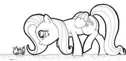 Size: 1912x929 | Tagged: safe, artist:abronyaccount, fluttershy, crab, g4, beach, curiosity, cute, female, monochrome, sand, solo, traditional art