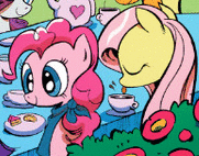 Size: 181x142 | Tagged: safe, idw, official comic, fluttershy, pinkie pie, rarity, pony, g4, spoiler:comic, animated, cute, female, licking, mini cake, tea, tea party