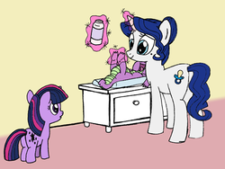 Size: 540x405 | Tagged: safe, artist:queencold, spike, twilight sparkle, oc, g4, baby, baby powder, baby spike, cute, diaper change, filly, filly twilight sparkle, origins, spikabetes, twiabetes, younger