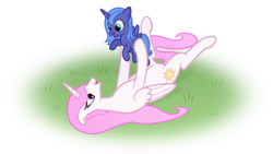 Size: 2441x1372 | Tagged: safe, artist:arvaus, princess celestia, princess luna, pony, g4, cute, filly, grass, holding a pony, pink-mane celestia, playing, simple background, sisters, transparent background, vector, woona, younger