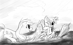 Size: 1024x640 | Tagged: safe, artist:topgull, applejack, rainbow dash, g4, beach, monochrome, ocean, water