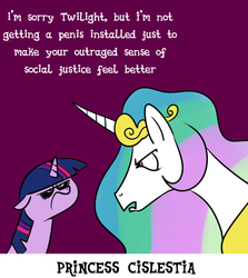 Size: 463x518 | Tagged: safe, artist:catfood-mcfly, princess celestia, twilight sparkle, g4, angry, cisgender, ears back, feminism, feminist, frown, glare, grumpy, princess cislestia, pun, social justice, social justice warrior, tumblr