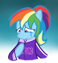 Size: 1280x1373 | Tagged: safe, artist:abigail m., rainbow dash, g4, alternate hairstyle, crossover, crying, eek, female, monsters university, slugma slugma kappa, solo