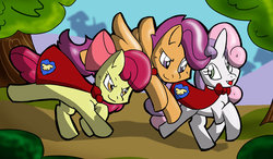 Size: 870x508 | Tagged: safe, artist:theburningdonut, apple bloom, scootaloo, sweetie belle, g4, cutie mark crusaders