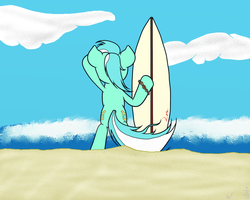 Size: 1000x800 | Tagged: safe, artist:arcuswind, lyra heartstrings, pony, g4, bipedal, female, solo, surfboard, wave