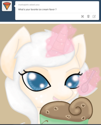 Size: 497x615 | Tagged: safe, artist:ivorylace, oc, oc only, oc:ivory lace, pony, unicorn, ask, cookie dough, ice cream, solo, tumblr