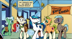 Size: 570x313 | Tagged: safe, idw, official comic, 8-bit (g4), gaffer, gizmo, shining armor, earth pony, pegasus, pony, unicorn, g4, spoiler:comic, coat markings, male, socks (coat markings), stallion