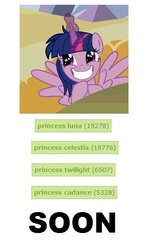 Size: 349x574 | Tagged: safe, princess cadance, princess celestia, princess luna, twilight sparkle, alicorn, pony, derpibooru, g4, exploitable meme, female, mare, meta, soon, tags, twilight sparkle (alicorn)