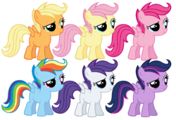 Size: 1267x865 | Tagged: safe, artist:spritefizz, applejack, fluttershy, pinkie pie, rainbow dash, rarity, scootaloo, twilight sparkle, g4, alternate clothes, mane six, recolor, simple background, transparent background, vector