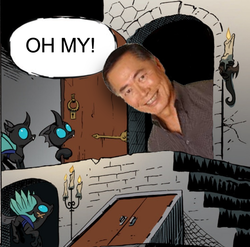 Size: 749x741 | Tagged: safe, idw, changeling, human, door, exploitable meme, george takei, irl, irl human, knock knock meme, oh my, photo