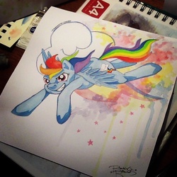 Size: 690x690 | Tagged: safe, artist:breakingreflections, rainbow dash, human, g4, irl, irl human, photo, solo, traditional art, watercolor painting