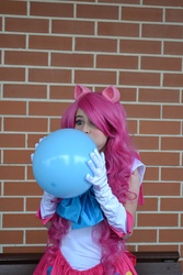 Size: 3072x4608 | Tagged: safe, artist:breakingreflections, pinkie pie, human, g4, balloon, blowing up balloons, clothes, cosplay, crossover, evening gloves, irl, irl human, photo, sailor moon (series), sailor pinkie pie, sailor senshi, solo, supanova