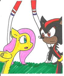 Size: 720x848 | Tagged: safe, artist:cmara, fluttershy, g4, crossover, foster's home for imaginary friends, male, shadow the hedgehog, sonic the hedgehog (series), traditional art, wilt (foster's home for imaginary friends)