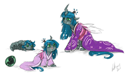 Size: 3000x1821 | Tagged: safe, artist:valkyrie-girl, oc, oc only, oc:pupa, changeling, changeling queen, nymph, fanfic:maternal instinct, changeling oc, changeling queen oc, clothes, drool, egg, filly, kimono (clothing), offspring, parent:queen chrysalis, simple background, white background