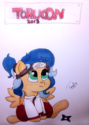 Size: 752x1063 | Tagged: safe, artist:mirry92, oc, oc only, oc:tina fountain heart, alicorn, pony, alicorn oc, cosplay, naruto, solo, tenten, torucon, traditional art