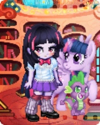 Size: 336x420 | Tagged: safe, spike, twilight sparkle, human, equestria girls, g4, clothes, gaia online, golden oaks library, human ponidox, humanized, twilight sparkle (alicorn)