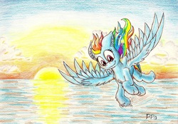 Size: 1444x1007 | Tagged: safe, artist:punk-pegasus, rainbow dash, g4, female, ocean, solo, sunset, traditional art