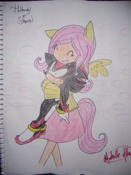 Size: 774x1032 | Tagged: safe, artist:sonadownessfan, fluttershy, human, g4, blushing, crossover, crossover shipping, eared humanization, fluttershadow, holding, humanized, interspecies, love, male, shadow the hedgehog, shipping, sonic the hedgehog (series), tailed humanization, traditional art, winged humanization