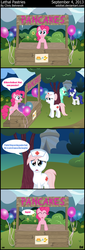 Size: 520x1537 | Tagged: safe, artist:wildtiel, lyra heartstrings, nurse redheart, pinkie pie, oc, pony, unicorn, g4, balloon, comic, food, food poisoning, pancakes, pastry, vector