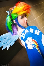 Size: 600x900 | Tagged: safe, artist:ljinto, artist:scruffyrebel, rainbow dash, human, g4, cosplay, irl, irl human, multicolored hair, photo, rainbow hair, solo