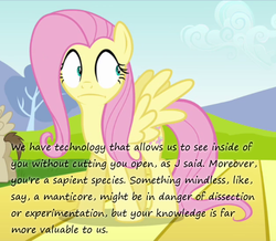 Size: 670x584 | Tagged: safe, edit, edited screencap, screencap, fluttershy, pegasus, pony, g4, hurricane fluttershy, butt, caption, female, implied dissection, insane pony thread, mare, plot, shrunken pupils, text, tree